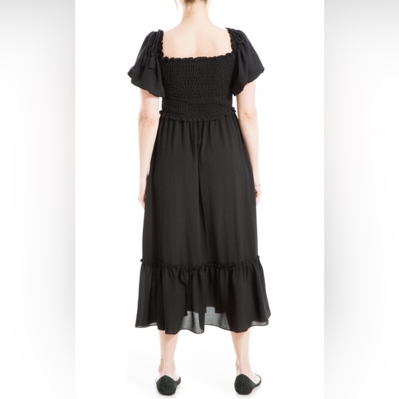 NWT MAX STUDIO Puff Sleeve Smocked Tassels Puff Sleeves Midi Dress in Black - Picture 2 of 9